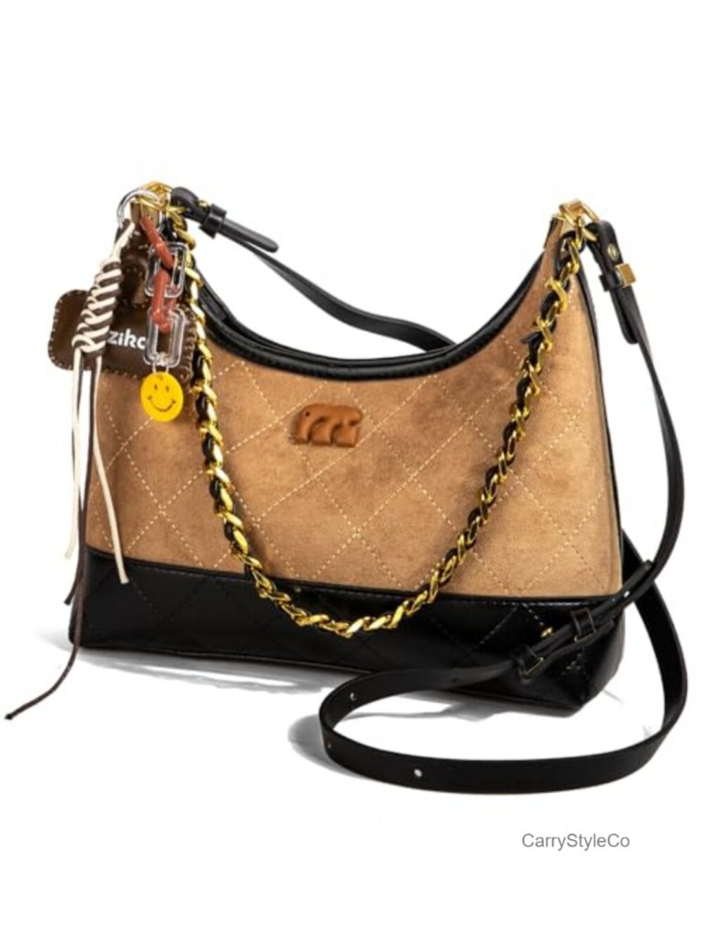 Retro Faux Suede Tote Bag Quilted Leather Bottom Shoulder Handbag Bear Charm